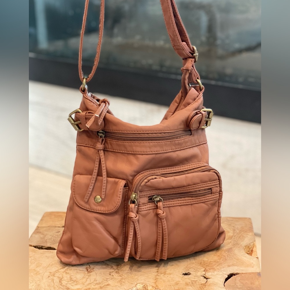 Scarleton Brown Faux Leather Hipster Crossbody Handbag pockets